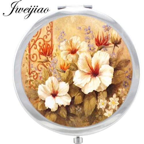 JWEIJIAO Beauty Health Flowers Makeup Mirror Art Photo in Glass Cabochon Floding Round compact Hand pocket Mirror espejo