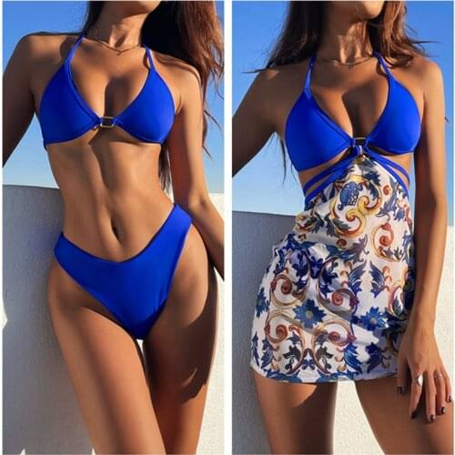 Printed Bikinis Set 2021 Push Up 3pc Swimsuit Cover Ups Bandage Swimwear Thong Biquinis maillot de bain femme Female Bather Suit