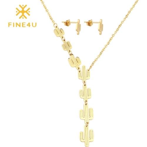 FINE4U N215 Gold Color Cactus Pendant Necklaces Earrings Sets Stainless Steel Bridal Wedding Jewelry Sets Friendship Gifts