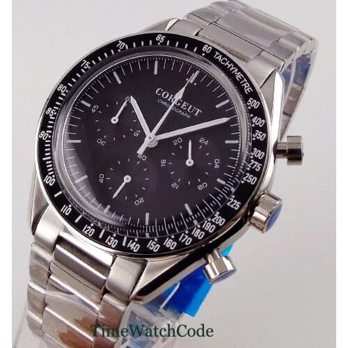 40mm Corgeut Mens Quartz Wristwatch Stainless Steel Bracelet Full Chronograph Black Dial Bezel Stop Watch Polished Arched Glass