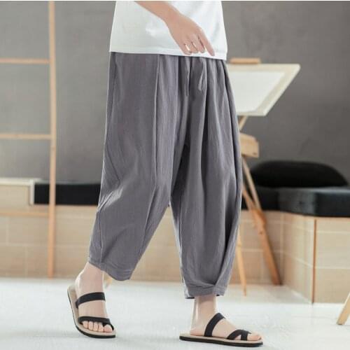Mens Casual Cotton linen Pants Hip Hop Ankle-Length Men wide leg Pants Black ArmyGreen streetwear Trousers plus size M-7XL