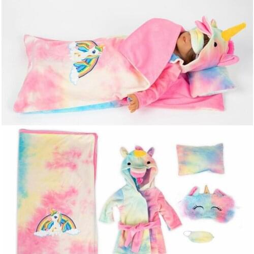 6Pcs Doll Cute Unicorn Sleeping kit Accessories Jumpsuits+Blanket+Pillow+Sleep Mask Fit 18Inch American&43CM Born Baby Girl Toys