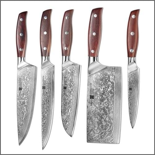 FANGZUO 5 PCS Damascus Knife Super Sharp kitchen device sets Cleaver Cooked tools Dalbergia solid wood handle Gift Box Knife