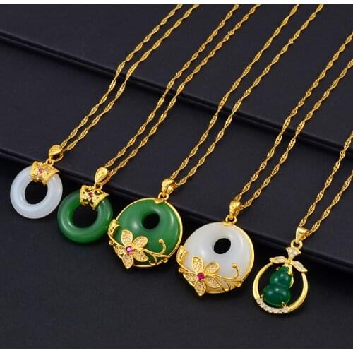 Anniyo Round Flower Gourd Green White Stone Pendant Necklaces Women Girs Chinese Cultural Fashion Luxury Accessories #002236