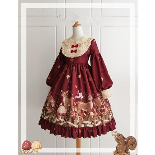 Lolita Dress Long Sleeve Christmas Pattern Pleated Lolita One Piece Dress