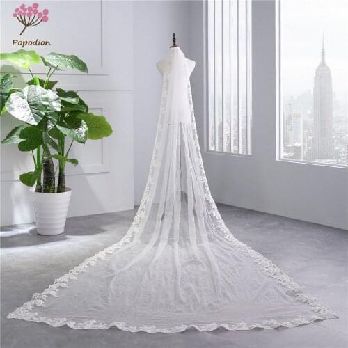 Popodion wedding accessories 3.5 meters wedding veil lace bridal veil with hair comb velo de novia WAS10094