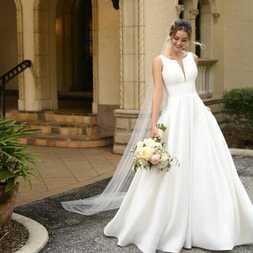 Simple Beach Wedding Dress A-Line Scoop Satin Sweep Train Pregnant Bridal Gowns Plus Size Vestido Novia