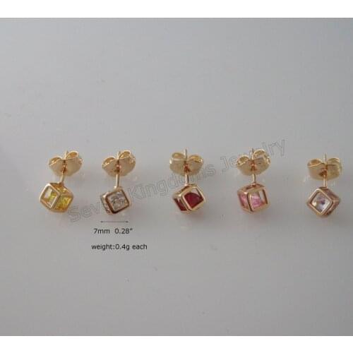 MIN ORDER 10$/ 5 COLORS AVAILABLE BIGGEST WIDTH 0.28" 0.4G CUBE SHAPED - YELLOW GOLD GP STUD EARRING/COLOR IS A LITTLE RED