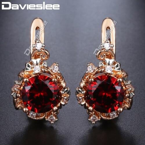 Davieslee 585 Rose Gold Filled Womens Stud Earrings Round Paved Red Clear CZ Fashion Jewelry For Women Party DGE176