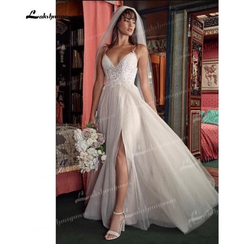 Gorgeous A-Line Tulle Wedding Dresses Spaghetti Straps Sexy V-Neck Lace Beading Top Backless Side Split Design Court Train Gowns