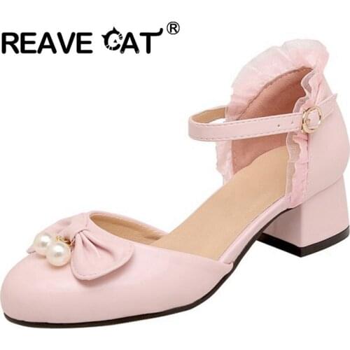 REAVE CAT New 2021 Women Pumps Round Toe 4cm Block Heels Buckle Bowtie Cute Sweet Stylish Pearl Big Size 32-43 Casual A3808