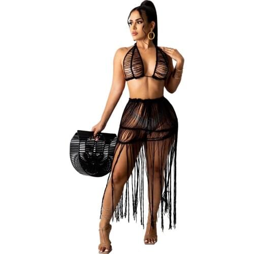 Summer Sexy Women Knitted Set Two Pieces Set Crop Top Long Slit Skirt 2 Pieces Crocheted Set Hollow Out Beach Crochet Suit