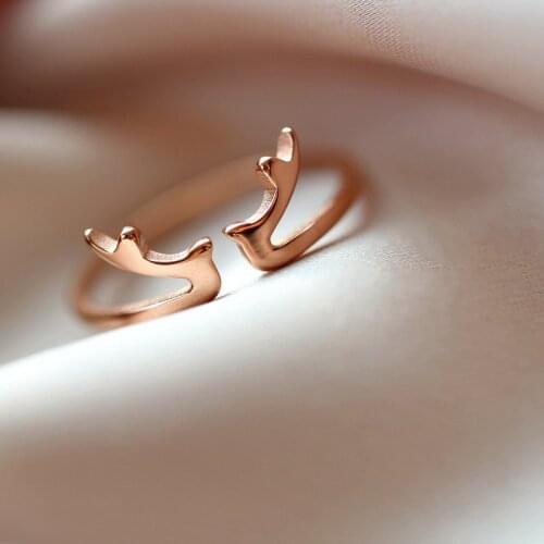 18KGP Rose Gold Color Titanium Steel Cute Antler Rings Women Fashion Christmas Jewelry (GR236)