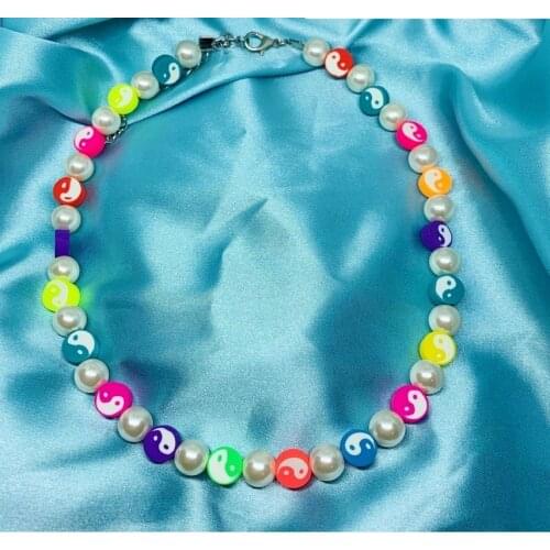 Yin Yang Soft Pottery Love Fruit Flowers Pearl Colorful Tai Chi Necklace for Women Party Daily Travel Jewelry INS Trendy
