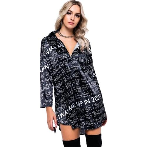 Dresses for Women 2021 Summer Turn-down Collar Single Breasted Letter Printed White Black Blouse Office Lady Long Sleeve Dress