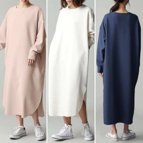 Women Autumn Pocket Sweatshirt Dress ZANZEA Round Neck Long Sleeves Vestidos Lady Casual Side Fork Irregular Robe Plus Size 5XL