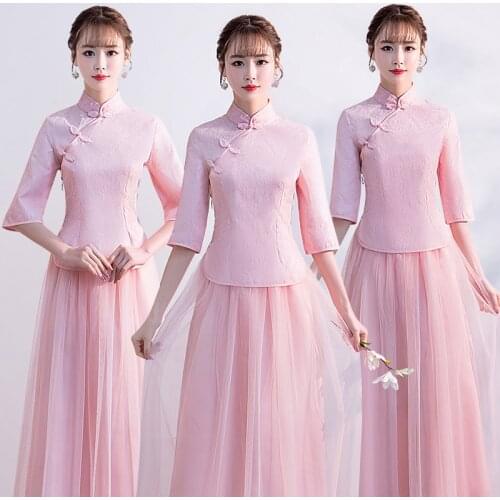 Autumn A-line Three Quarter Sleeve Ankle-length Floral Print Vintage Pink Gray Women Bridesmaid Adult Ceremony Dresses 9849