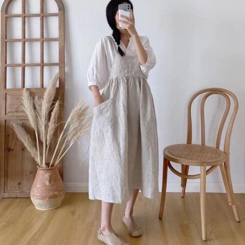Johnature 2021 Summer Vintage Mori Linen Women Striped Sleeveless Dress New Loose Big Pockets Tie 3 Colors Female Dresses