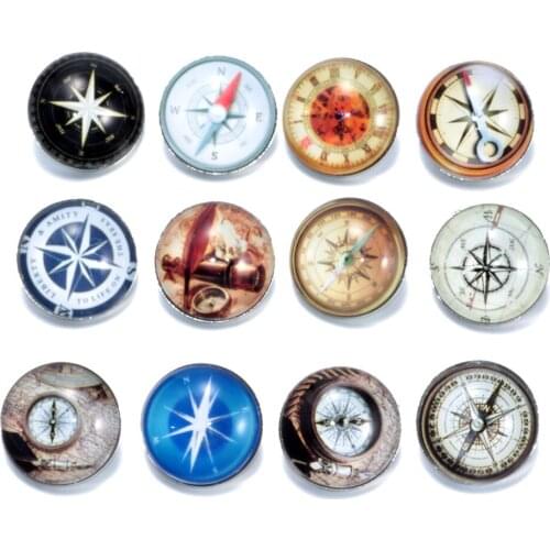12pcs/lot Compass Pattern Charms 18mm Glass Snap Button For DIY Charms Bracelet 18mm Snaps Jewelry KZ0163