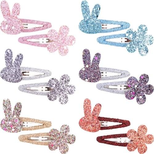 2 Pcs/lot New Girls Cute Rabbit Flower Hair Clips Sweet BB Glitter Hairpins Barrettes Headwear Fashion Hair Accessories For Kids