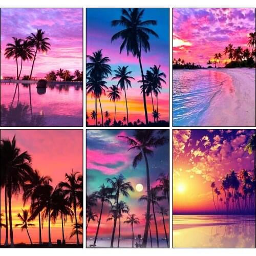 5D DIY Diamond Painting Sunset Coconut Tree Diamond Mosaic Summer Seaside Scenery Full Square/ Round Diamond Embroidery Gift