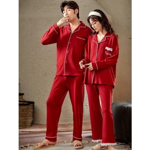 Couple spring and autumn tight match double-sided pure cotton red cardigan button Lapel comfortable home couple pajamas CKE