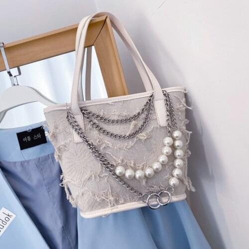 Canvas Totes Purses and Handbags for Women 2021 Fashion Girls Female Shopper Casual Solid Color Pearl Chain Bucket Crossbody Bag