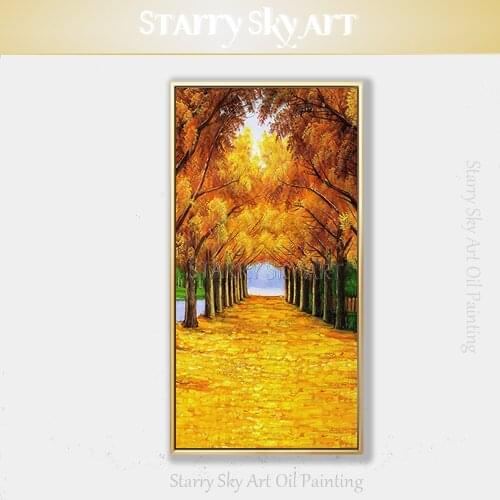 Skilled Artist Pure Hand-painted High Quality Golden Landscape Oil Painting on Canvas Rich Gold Road Golden Forest Oil Painting