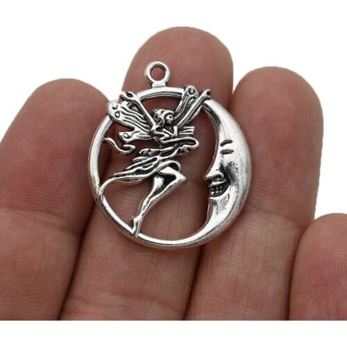 JAKONGO Silver Plated Moon Angel Charm Pendants for Jewelry Making Bracelet DIY Accessories 26mm 5pcs