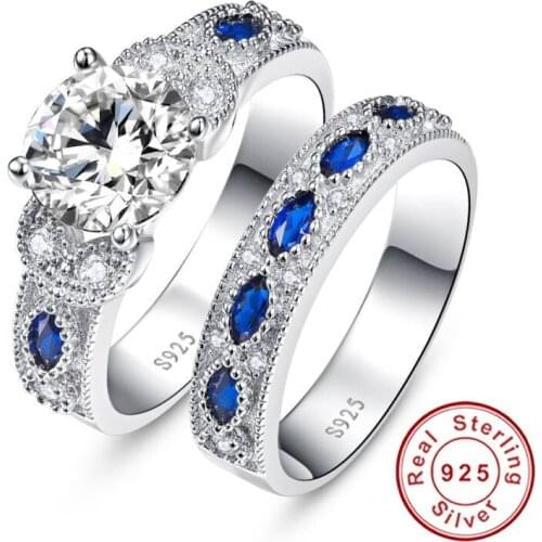 High Quality White CZ&Sapphire Solid Real Sterling Silver Jewelry 2 Pcs Wedding Engagement 925 Silver Jewelry Ring Set