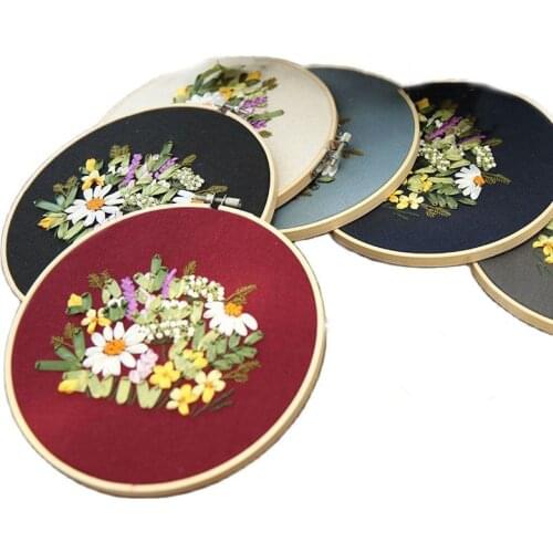 DIY Ribbons Embroidery Kit with Bamboo Hoop Flower Pattern Printed Needlework Handmade Cross Stitch Sewing Art Painting Craft