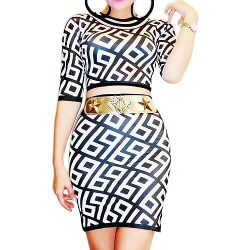 Fashion White Black Plaid Women Tops + Skinny Stretch Skirts Birthday Party Club Wear Bar Dance Stage Party Performance Costume