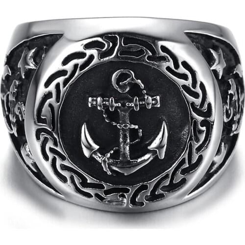 Mens Navy Anchor Nautical Sailor Black Silver color 316L Stainless Steel Biker Ring