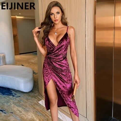 Sleeveless Spaghetti Strap Midi Bodycon Dress Sexy Fashion Folds High Waist Split Backless Velvet Elegant Bar Club Party Dress