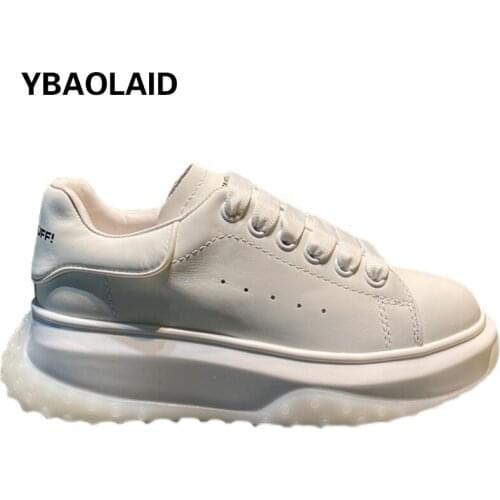 New Style Cowhide Solid Color Shock-absorbing Peas Muffin Bottom White Shoes Round Toe Lace-up Waterproof Platform Casual Shoes