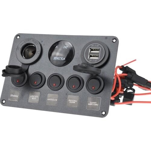 Boat Switch Panel Car Switch Panel 5 Gang Waterproof Digital Voltmeter Dual USB Port 12V Outlet Combination Marine LED Rocker