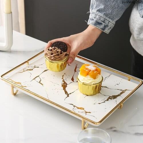 European Style Marble Storage Tray Luxury Ceramic Dessert Table with Metal Shelf Tea Cup Food Jewelry Cosmetic Storage Home Deco