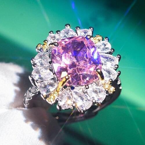 Luxury fashion bling pink crystal zircon diamonds gemstones rings for women white gold silver color bague bijoux jewelry gifts