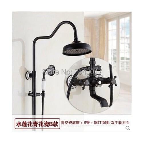 Solid Brass Bathroom Shower Set Oil Rubber Black Finish Dual Handle Control Wall Shower Mixer with Ceramic Hand Shower ZR64