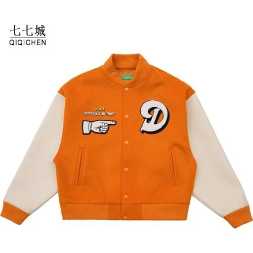 Hip Hop Varsity Jacket Men Letter Embroidery Color Block College Jackets Womens Harajuku Street Baseball Coats Unisex Orange
