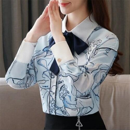 Spring 2020 vintage collared bow with a hand-painted printed loose shirt with POLO collar and chiffon