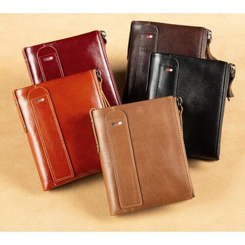 Vintage oil wax leather wallet RFID anti-theft brush multi-function large-capacity double zipper coin purse wallet