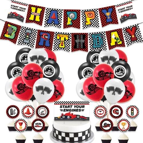 1 set of racing theme flag balloon black and white checkered racing childrens toy banner F1 theme birthday party decoration cak