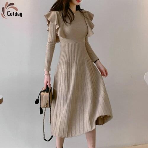 Cotday Knit SlimThick Long Full Sleeve Ruffles O-Neck England Style 2020 New Winter Elegant Female Women Sweater Dress