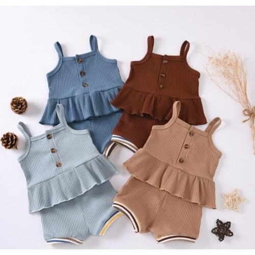 0-18M Summer Newborn Baby Girls Knited 2pcs Button Ruffle Sleeveless Top Vest+Striped Shorts Bottoms Set