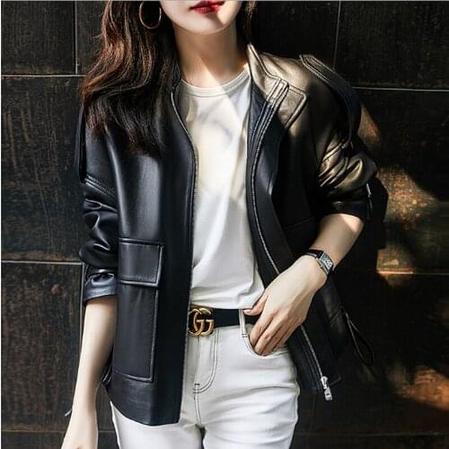 Jacket Women Leather 100% Sheepskin Simple Design Zipper Stand Neck Pockets Long Sleeves Jacket New Fashion
