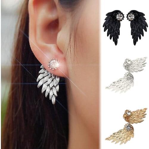 Trendy Vintage Unique Design Women Fashion Angel Wing Rhinestone Inlaid Ear Jacket Stud Earrings Jewelry Gift For Women Girls