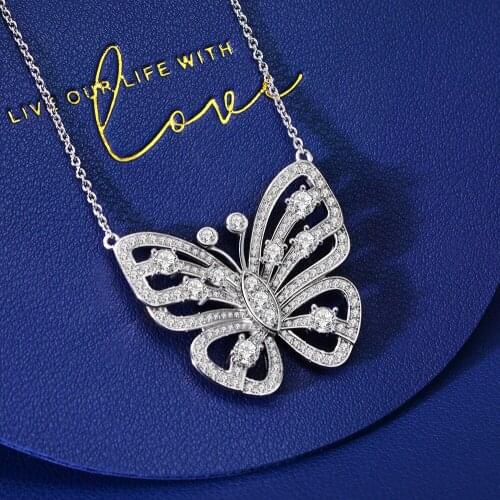 Luxury Real 925 Sterling Silver Butterfly Simulated Moissanite Diamond Cubic Zirconiat Bridal Wedding Bithday Pendant Necklaces