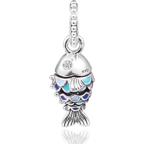 2021 New Blue Scaled Fish Dangle Charm 925 Sterling Silver Beads for Women DIY Jewelry Making Fit Pandora Bracelets Berloques