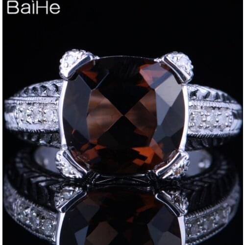 BAIHE Solid 14K White Gold 5CT Flawless Cushion cut Smokey Quartz ring For Women Classic Fine Jewelry Man ring кольца кольцо